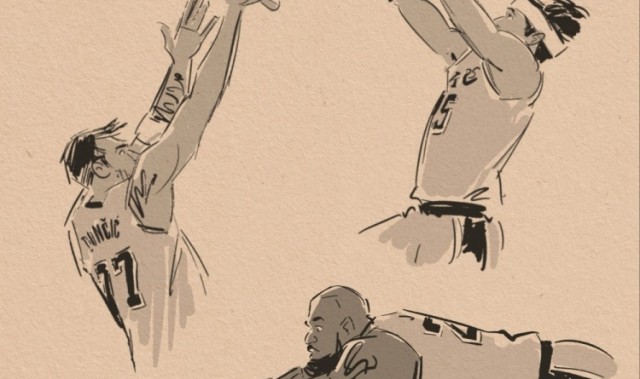 nba直播-壁纸请收藏！美漫画家晒作品 老詹鱼跃&amp;小里1+2&amp;东契奇绝平全都有